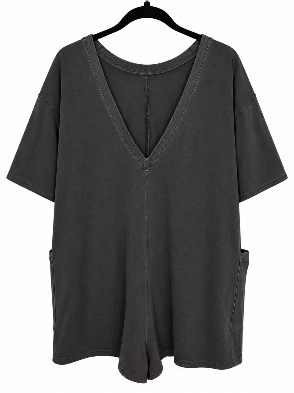 Free People Washed V-Neck Short Sleeve Tunic Romper - Charcoal